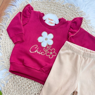 Conj. Casaco de Moletom Chic Flor e Calça Ribana em Plush - Bordo e Areia